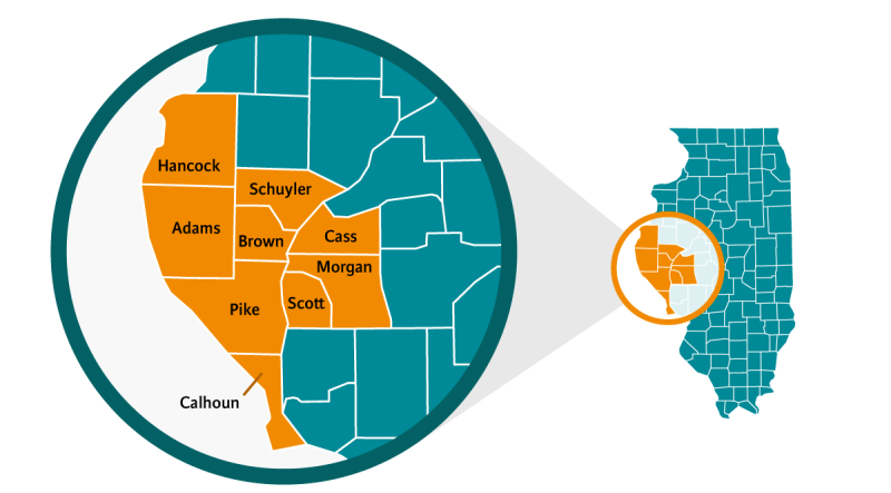 Map of Illinois indicating Hancock, Adams, Pike, Calhoun, Schuyler, Brown, Scott, Cass and Morgan counties.